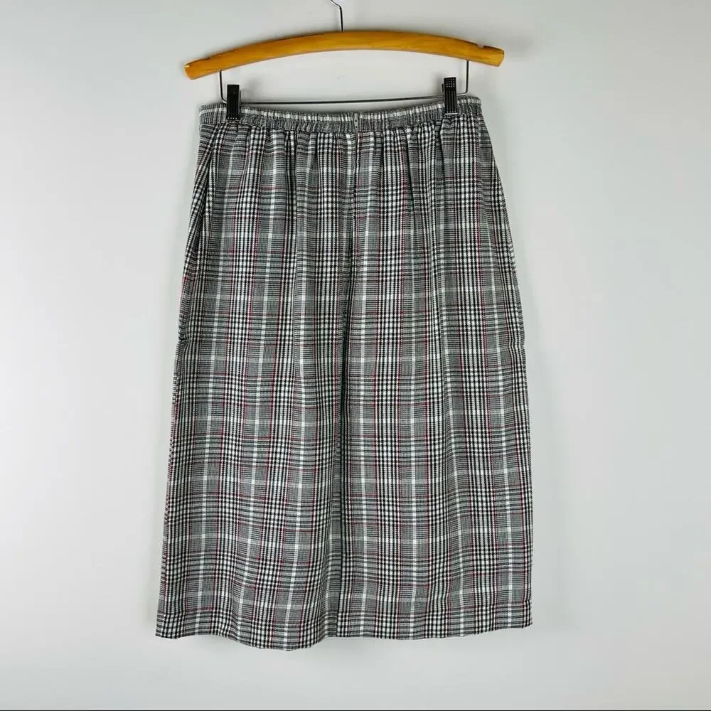 Vintage cream black plaid preppy fringe academia lightweight knit skirt 14